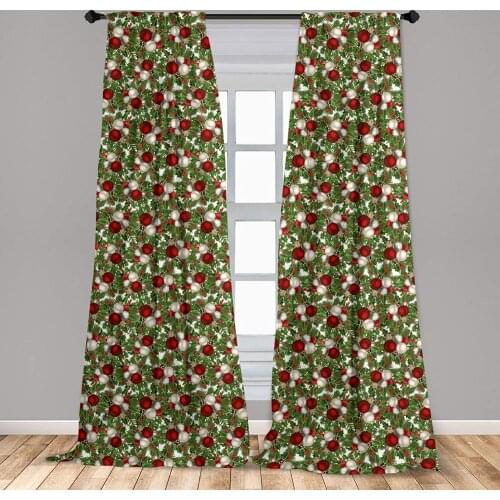 Grey Green Christmas Curtains Pine Fir Cones Balls and Coniferous Tree Leaves Holly Berry Window Treatments for Living Room