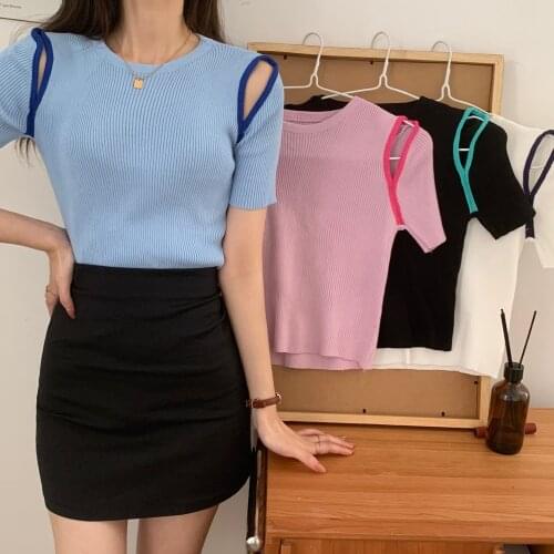 Summer Thin Short Sleeve O-neck Sweater Shirts Girls Stretchy Hollow Out Shoulder Crop Tops Sweaters Pullovers For Women