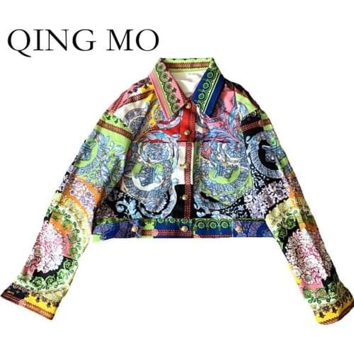 QING MO 2021 Spring Autumn New Women Denim Jacket Fashion Print Long Sleeved Short Denim Women Jacket ZWL083
