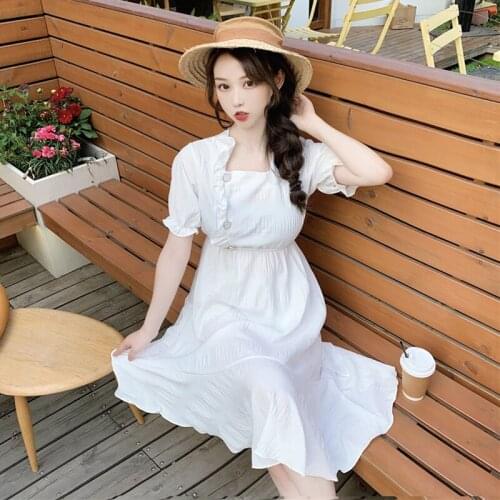 Skirt 2020 Summer New Korean Style Square Collar Puff Sleeve Design Feeling Wooden Ear Waist Hugging Slim Dress Female