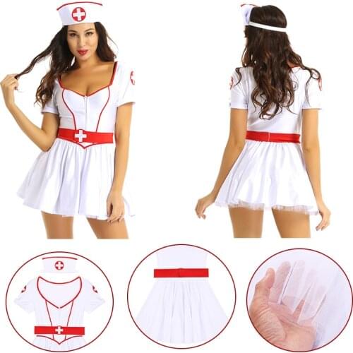 Women Adults Naughty Nurse Costume Halloween Party Outfit Sweetheart Neckline Short Sleeves Tutu Dress with Headband and Belt