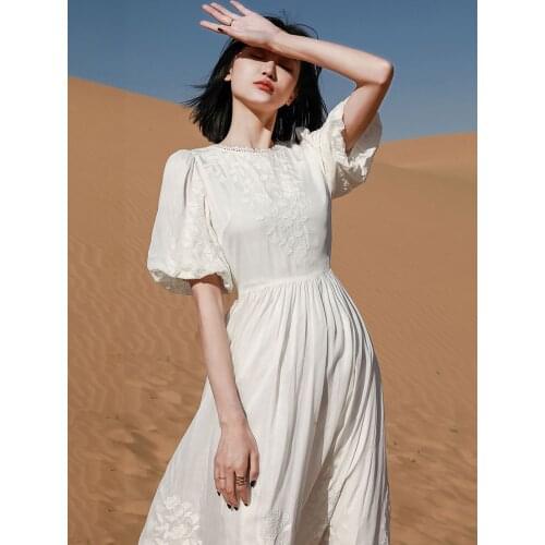 Jastie Boho Floral Embroidered Silk Women Dress O-Neck Short Puff Sleeve Summer Dresses White Elegant Lady Midi Dress Vestidos