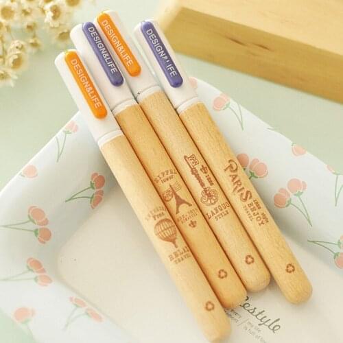 4pc Languo Ancient Iron Tower Wooden Gel Pen School Study Office Stationery Black 0.5mm Creative High Quality Smooth Writing Pen