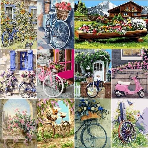 5D DIY Diamond Painting Bicycle Flower Arrangement Oil Painting Picture Inlaid Diamond Embroidery Flower Landscape Decoration