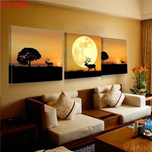 DIY Diamond Painting 3 Pieces Sunset Deer Diamond Embroidery Cross Stitch Forest Animals Pictures Mosaic 5D Sqaure Rhinestone