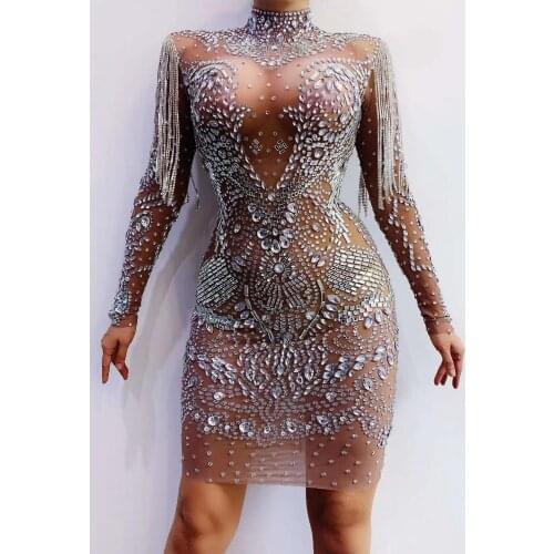 Sparkly Silver Rhinestones See Through Dress Fringes Prom Party Mesh Outfit Women Dance Dress Birthday Celebrate Dress