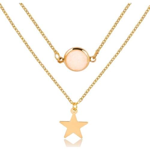 Exquisite Double Layer Natural Stone Star Pendant Necklace Charming Womens Gold Color Clavicle Chain Fashion Lady Party Jewelry