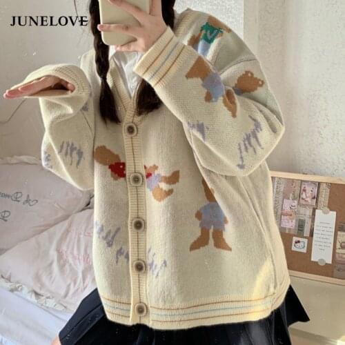 JuneLove Cardigan Women Autumn Winter Kawaii Korean Y2k Tops Oversize Long Sleeve Coat Jacket Knitted Clothing Female Sweaters
