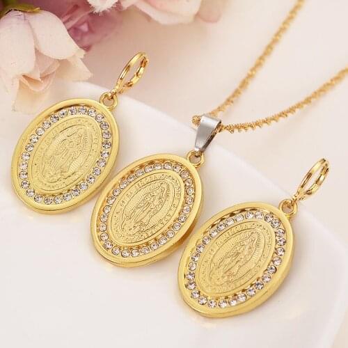 Mother Virgin Mary Necklace Pendant Earrings Set 14 k Solid gold-Finish Catholic Religious crystal Jewelry Set Christmas Gift