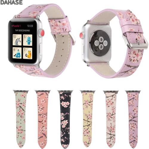 DAHASE Plum Blossom Leather Watch Strap for Apple Watch Band 38/42mm Flower Print Bracelet for iWatch Series 1 2 3 Accessories