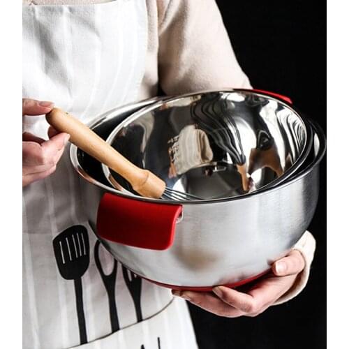 Mixing Bowl Stainless Steel Egg Beating Bowl Non-Slip Silicone Bottom with Handle Water Level Line Salad Mixing Bowl