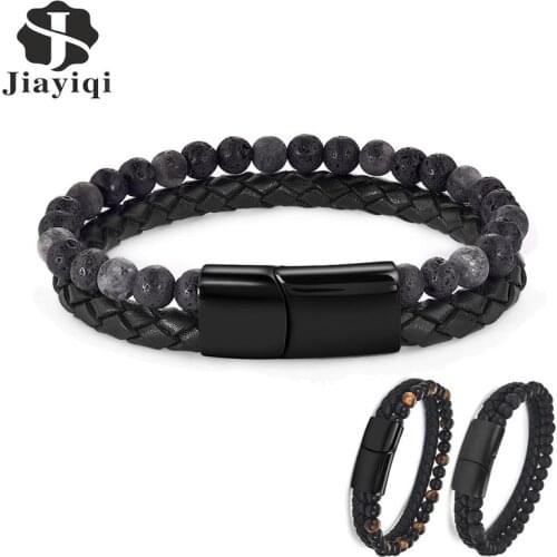 Fashion Natural Stone Beaded Bracelet for Men Leather Stainless Steel Lava Tiger Eye Beads Bracelets Jewelry Homme Accessories