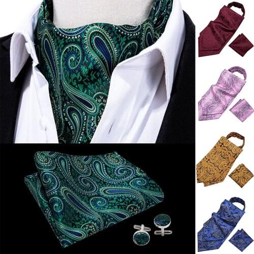 Fashion Brand 8Styles Gold Men Ascot Tie Handkerchief Cufflinks 100%Silk Paisley Ties Gift Box Set Wedding LJ-0001 Barry.Wang