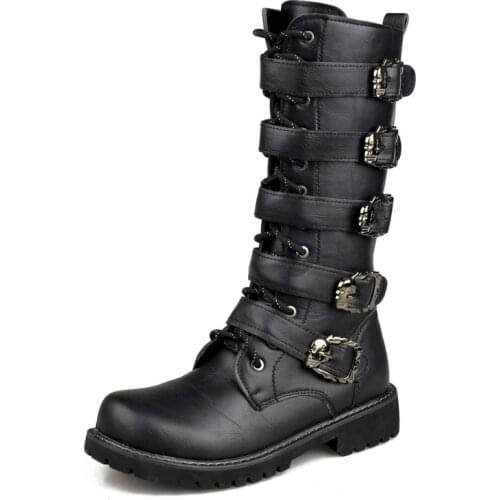 Winter Autumn Mens Boots Motorcycle Boot Military Tactical Boots Winter Warm Men Mid-Calf Boots Buckle Strap Punk Boots