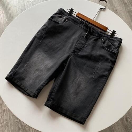 Mens Ripped Cotton Denim Shorts 2021 Summer New Black Drawstring Elastic Beach Short Jeans Male Causal Trousers Knee Length