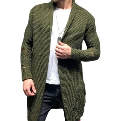 Men Cardigan Hole Sweater Mens Mid-length Cardigan Sleeve Holes Hip-hop Style Knitwear Cardigan