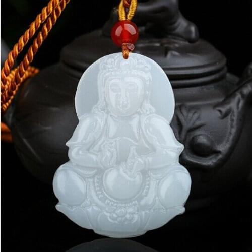 Natural White Jade Guanyin Pendant Jadeite Necklace Charm Jewellery Fashion Accessories Hand-Carved Luck Amulet Gifts
