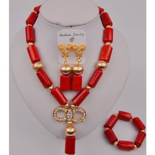 Nigerian Wedding Coral Beads Costume Necklace African Set Red Coral Jewelry Set 12-C-05