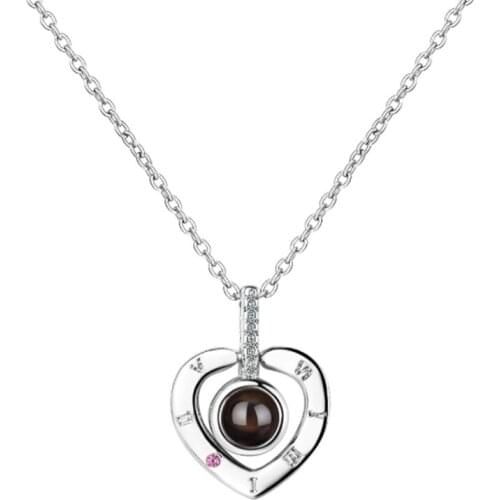 Net red creative sweet romantic love confession memory 100 languages I love you heart shaped silver plated necklaces SE046
