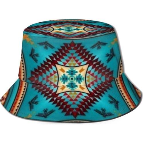 Turquoise Pattern Style Bucket Hat Beach Tourism Hats Breathable Sun Cap Pattern Design Turquoise Tribal Tribal Pattern