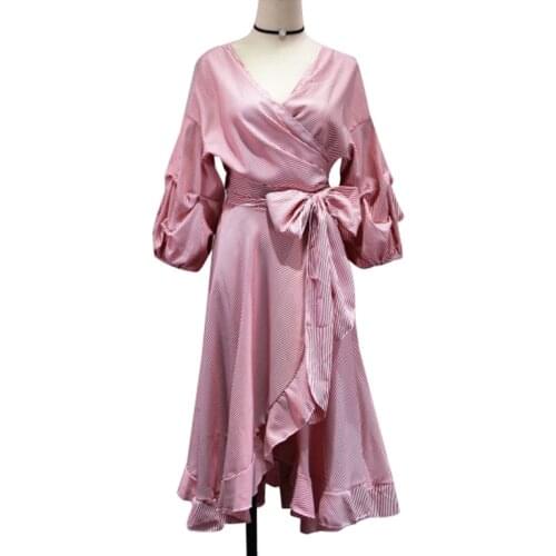 PERHAPS U Pink Blue Ruffle Wrap Dress 3/4 Sleeve Split Maxi Long Dress Striped Puff Sleeve V Neck Summer D0704
