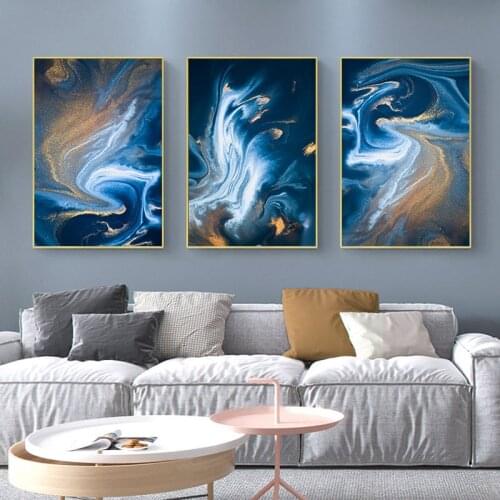 3 Pieces Abstract Print Poster Golden Blue Wave Canvas Painting Nordic Wall Art Picture Living Room Modern Home Decor