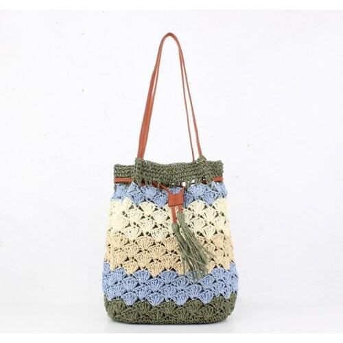 Casual Women Shoulder Bags Panelled Bucket Bags Handmade Rope Woven Handbag Summer Beach Basket Bali Bag Tassel Purses Shopper