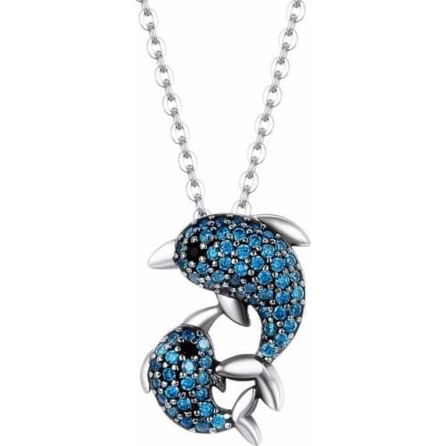 VENTFILLE 925 Sterling Silver Korean Version of Simple Fashion Female Inlaid Zircon Blue Diamond Double Dolphin Necklace