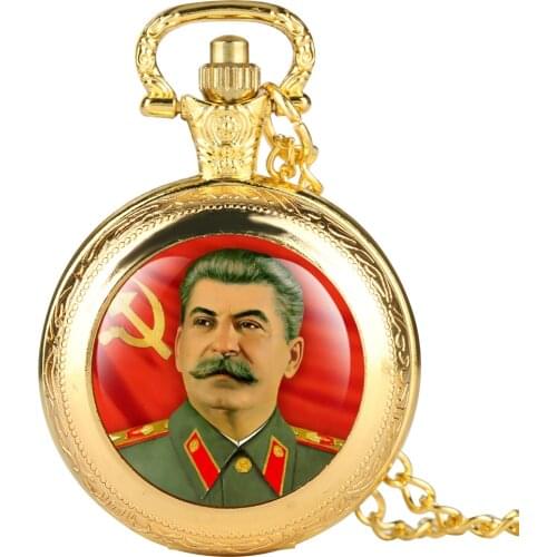 Luxury Golden Pocket Watch Chic Stalin Pattern Digital Quartz Dial Round Small Clock Pendant Slim Chain Men’s Day Gift For Male