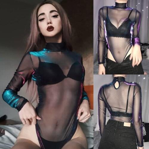 Women Sexy Long Sleeve Turtleneck See Through Slim Fit Skinny Club Beach Bodysuits Fashion Perspective Leotard Rompers