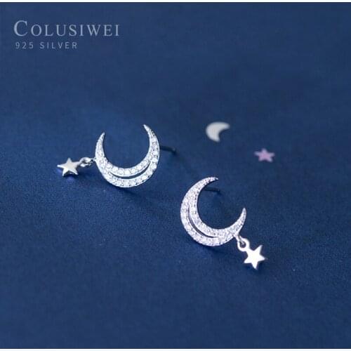 Colusiwei Luxury 925 Sterling Silver Shiny Clear CZ Star And Moon Stud Earrings For Women Wedding Engagement Statement Jewelry