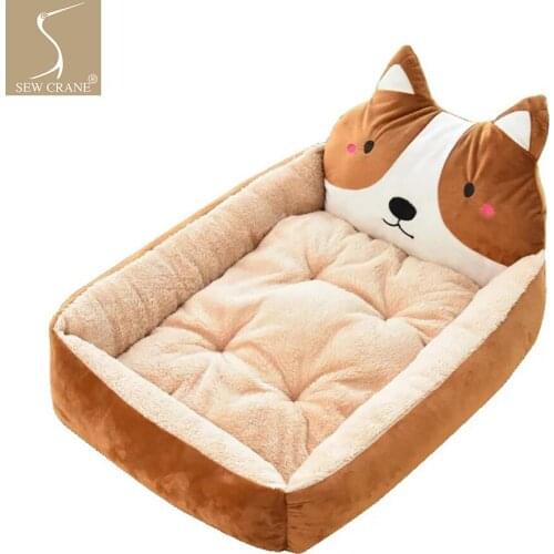 SewCrane Plush Suede Cute Animal Face Comfortable Dog Bed Puppy Cat Sleeping Basket with Removable Pillow