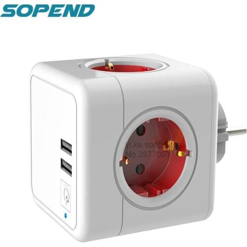 Sopend Electrical Socket Powercube EU Plug Power Strip with Control Switch Smart Extension Home Office 16A 4 AC Outlet and 2 USB