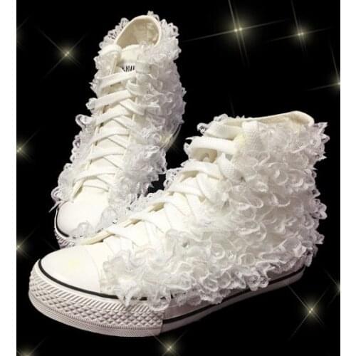 Wedding shoes handmade lace cute doll high top thick bottom plush canvas shoes wedding shoes