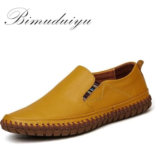 BIMUDUIYU Hot Sale Handmade High Quality Genuine Leather Men Flats Breathable Causal Shoes Slip-on Business Lazy Driving Shoes