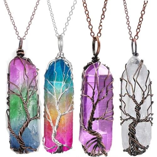 Vintage Reiki Natural Stone Crystal Pendant Necklace Women Men Wire Wrap Tree of Life Pendants Pendulum Gems Rainbow Jewelry