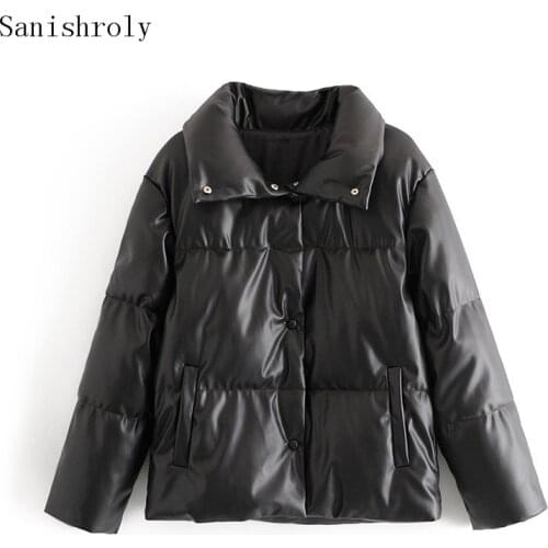 Winter Imitate PU Leather Parkas Fashion Black Leather Coats Women Warm Thick Cotton Jackets Female Oversize Outwear Short Tops