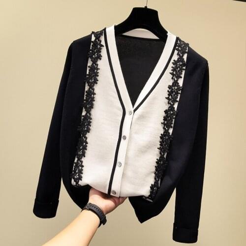 Autumn Women V-neck Lace Cardigan patchwork lace knit Sweaters jacket
