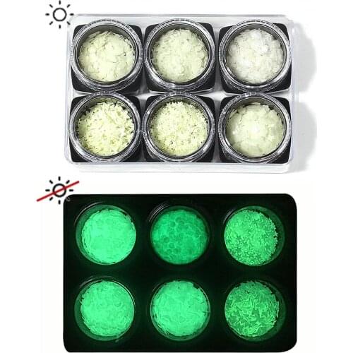 6 Box Glow In The Dark Nail Glitter Sequins 3ml jar Moon Hexagon Heart-Shape Luminous Sequins Flakes For Nail Art Glitter Design