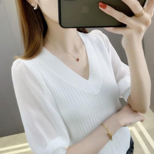 7), 19951 (3 room scene shooting v-neck collar lace stitching knitting pure color cultivate morality short sleeve 37