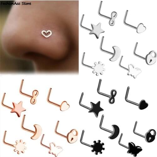 7pcs/lot Nose Rings Studs Hooks Body Piercing Jewelry Random Stainless Steel Crystal Heart Multicolor Party Gift Decor