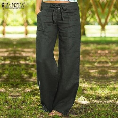 ZANZEA Women Autumn Pants Wide Leg Trousers 2021 Elegant Button Long Pant Plus Size Turnip Lace Up Pantalon Zip Palazzo Oversize