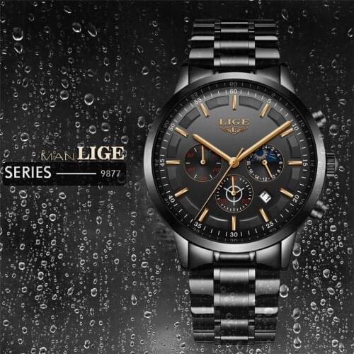 LIGE Fashion Black Military Sports Stainless Steel Waterproof Men Watch Luxury Business Quartz Male Wristwatches Clock 9877