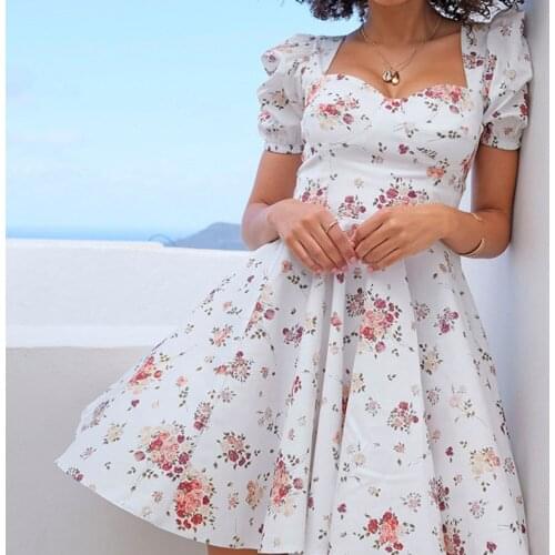 Floral Print Summer Womens Dress White A Line Short Sleeve Waist Dress Sexy V Neck Backless Mini Dress Skirt Suit Holiday Party