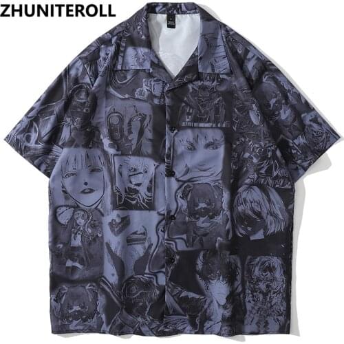 Japan Style Anime Girl Print Hawaiian Beach Shirts Hip Hop Short Sleeve Button Up Streetwear Trends Shirt Mens Summer Black Tops