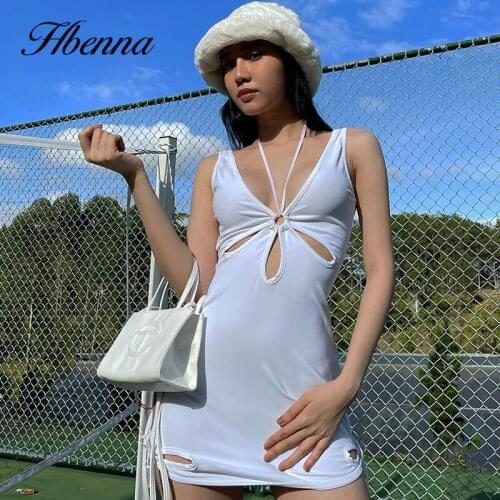 Hbenna V-Neck Side Lace up Dress Women Sexy Hollow Out Sleeveless Bodycon Dresses Fashion White Mini Dress Women Streetwear2021