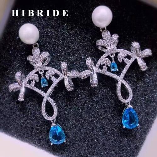 HIBRIDE Elegant Flower Pendant Drop Earring Blue And Green Cubic Zircon Earring For Party Gifts E-525