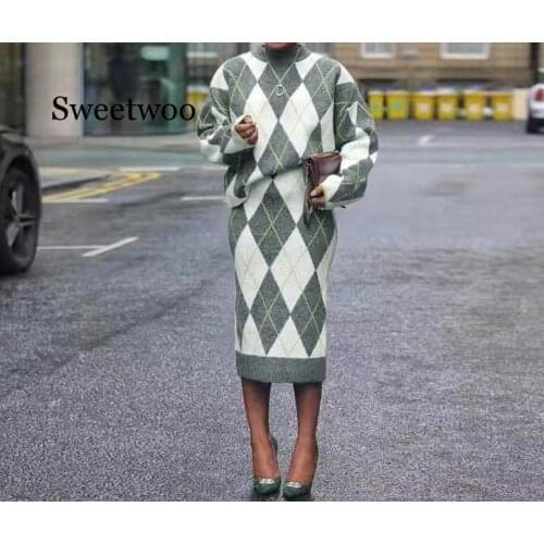 Winter Women Set Full Sleeve Plaid Print Tracksuit Tops Skirts Suit Two Piece Set Night Club Street