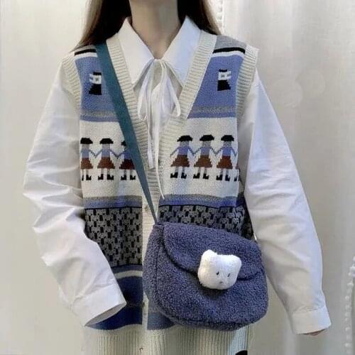 Autumn Print Cartoon Knitted Vests Women casual loose waistcoat Sleeveless Single Breasted Tanks Preppy Style Fashion New 2021