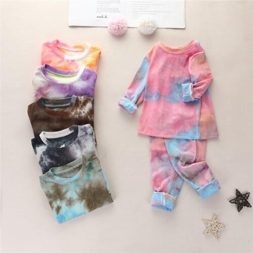 1-6Y Girls Autumn New Tie-Dye Clothes Set Spring Boy Long Sleeve Pullover O-neck Tops Baby T-shirt Pants Kids 3Pcs Infant Outfit